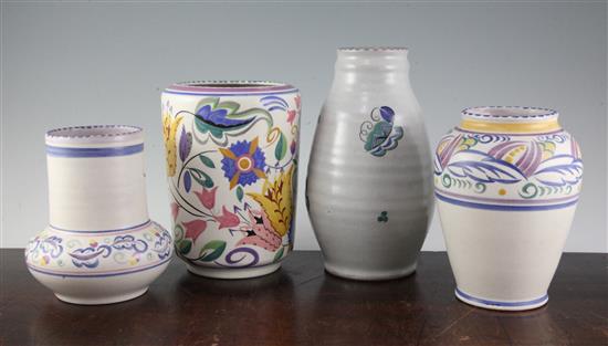 Three Carter Stabler Adams vases and a similar Poole Pottery vase, tallest 8in.
